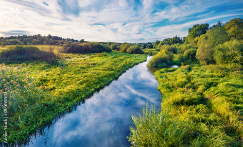 Aerial landscape photography. Fresh green scene of Seret river. Spectacular outdoor scene of Ukraine countryside. Beauty of nature concept background.