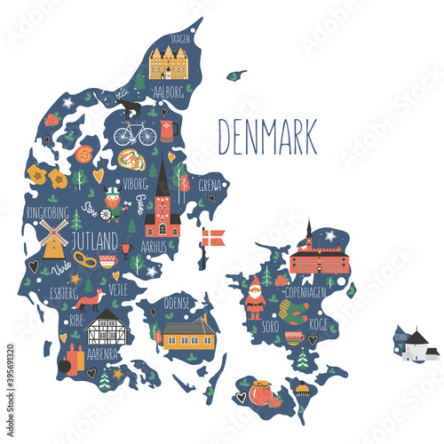 Kingdom of Denmark map vector, Nordic country geographic wallpaper, landmark Copenhagen City Hall, Museum Of Hans Christian Andersen Odense, Church Bornholm Ronne, Cathedral of Aarhus illustration