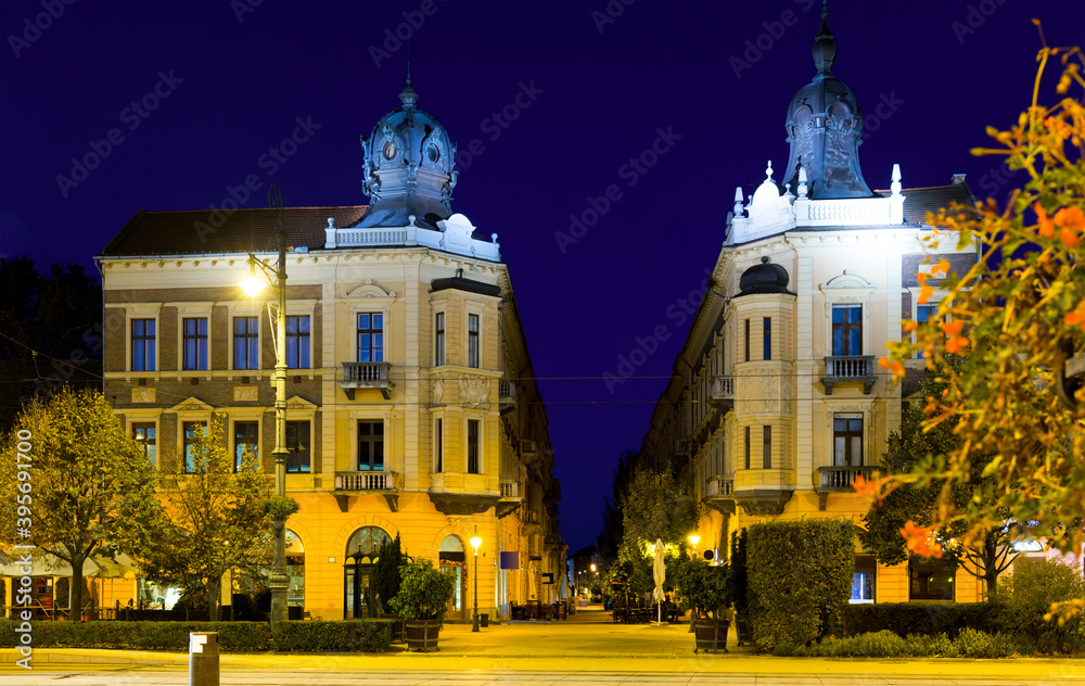 Night view of impressive architecture of hungarian town Debrecen