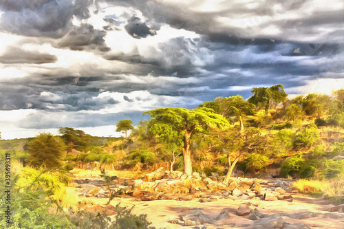 Savanna landscape colorful painting looks like picture  Tanzania  East Africa.