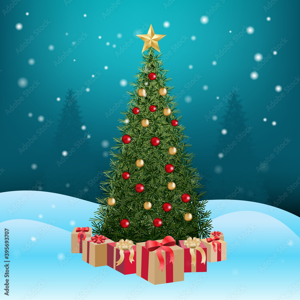 christmas tree with gift box on snow floor