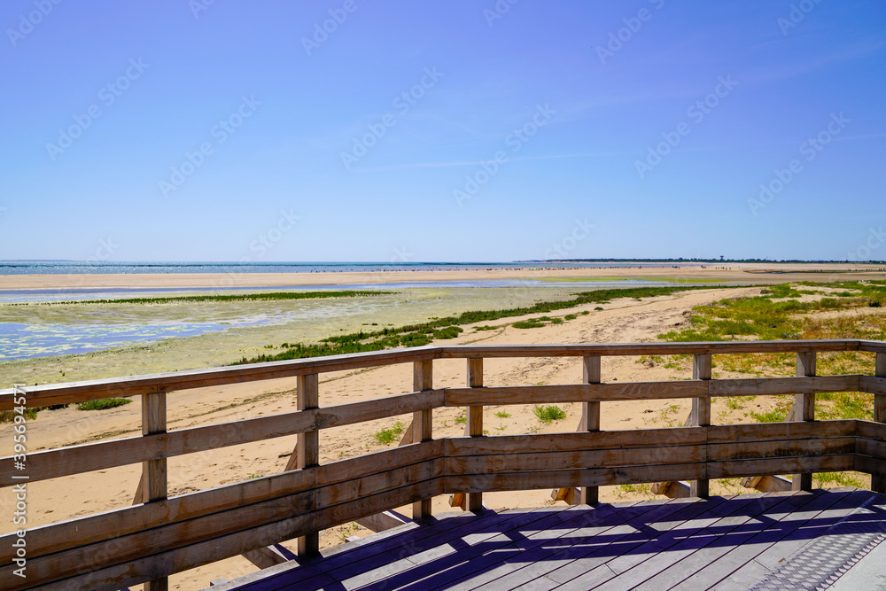 coast pontoon walkway on sand beach side in atlantic ocean coast horizon in Jard sur Mer in france