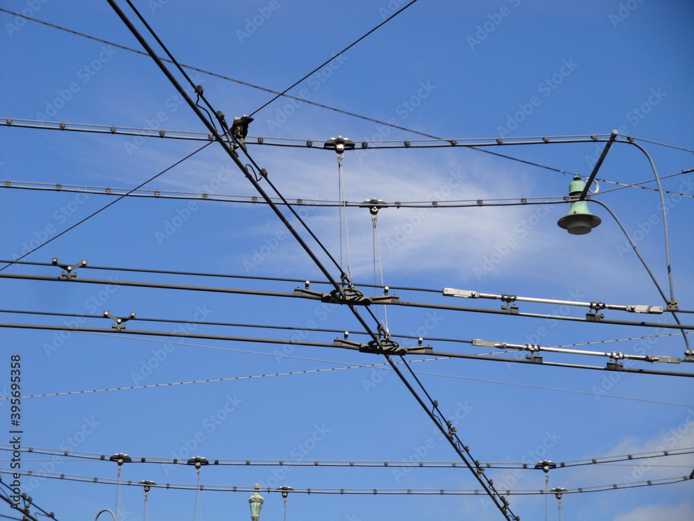 Overhead wires for the trolleybusses in Bern, Switzerland Stock Photo