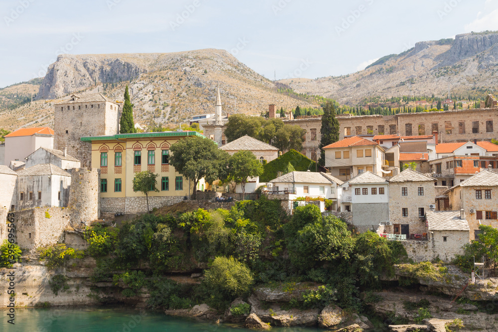 View of beautiful historic buildings in the Old Town of Mostar. Bosnia and Herzegovina