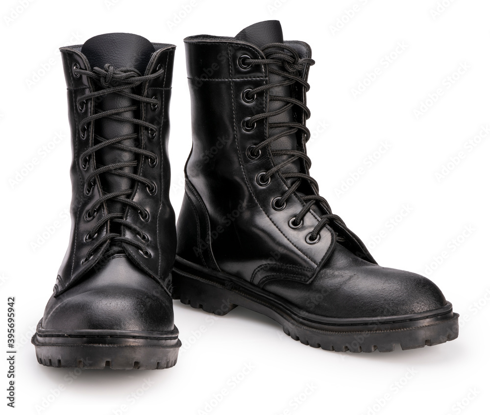 Black leather Combat Shoes isolated on white background With clipping ...