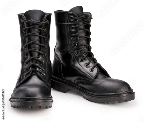 Tela Black leather Combat Shoes isolated on white background With clipping path, Shiny polished black leather soldiers Combat Shoes