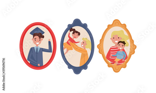 Canvas-taulu Family Portraits in Frames with Smiling Mother and Her Kid Vector Set