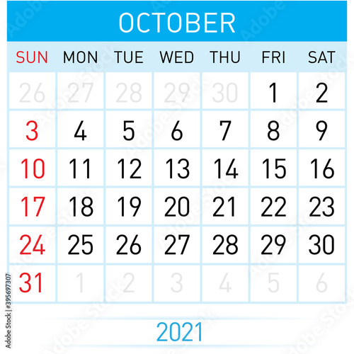 October Planner Calendar 2021. Illustration of Calendar in Simple and Clean Table Style for Template Design on White Background. Week Starts on Sunday
