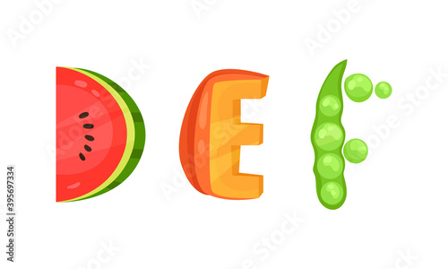 Veggie English Alphabet Letters Made from Fresh Vegetables Vector Set