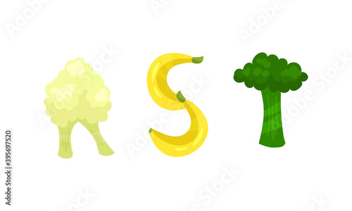 English Alphabet Letters of Fresh Fruit and Vegetables Vector Set