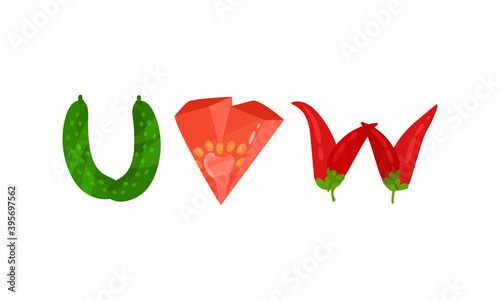English Alphabet Letters of Fresh Vegetables Vector Set