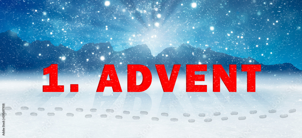 landscape panorama with the text first advent in deep snow landscape panorama with the text first advent in deep snow