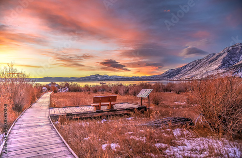 LEE VINING, CALIFORNIA, UNITED STATES - Nov 14, 2020: A bench at Mono Lake County Park photo