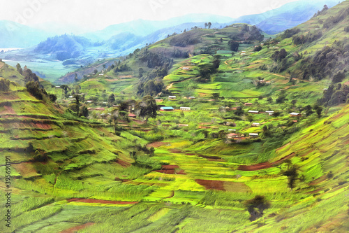 Beautiful mountain landscape with cultivated fields colorful painting looks like picture, Uganda.