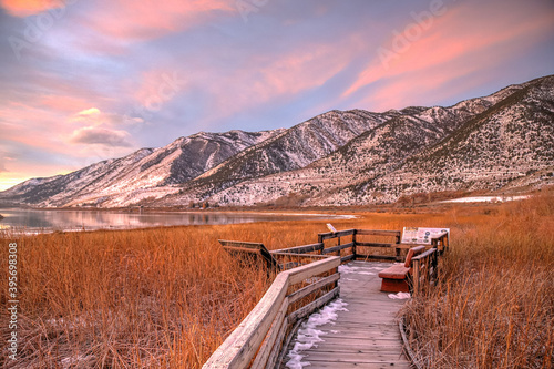 LEE VINING, CALIFORNIA, UNITED STATES - Nov 14, 2020: Sierra Nevada mountains over Mono Lake photo