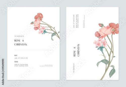 Minimalist floral wedding invitation card template design, various flowers bouquet on white