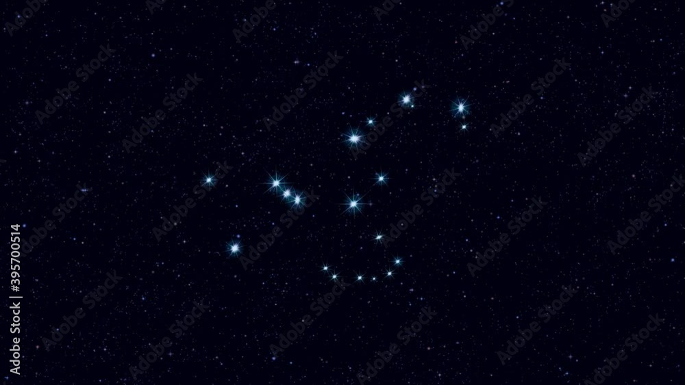 Orion constellation, gradually zooming rotating image with stars and outlines, 4K educational video