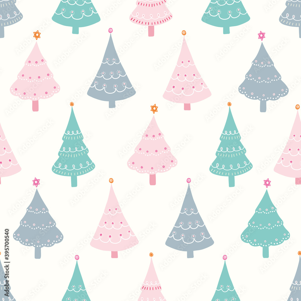Christmas tree pattern design with stars, cute vector seamless repeat of hand drawn festive decorated trees. 