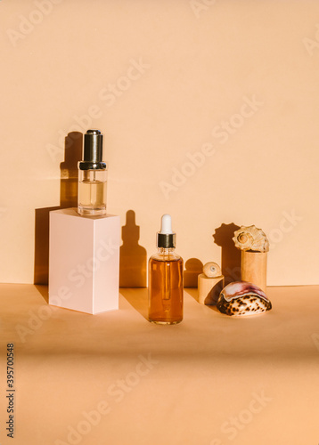 Natural Serums. Concept of cosmetic injection is hyaluronic acid, botulin, serum. Concept of marine minerals. Copy space