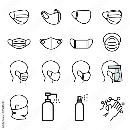 Covid-19・新型コロナウィルス保護アイコンセット。マスク、フェイスマスク、3Dマスク、フェイスシールド、ゴーグル、アルコール消毒、手洗い、ネックゲイター、バフ