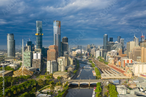 Aerial photo of Melbourne CBD at sunrise © ymgerman
