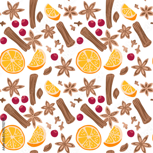 Decorative vector seamless pattern with spices and ingredients for mulled wine.