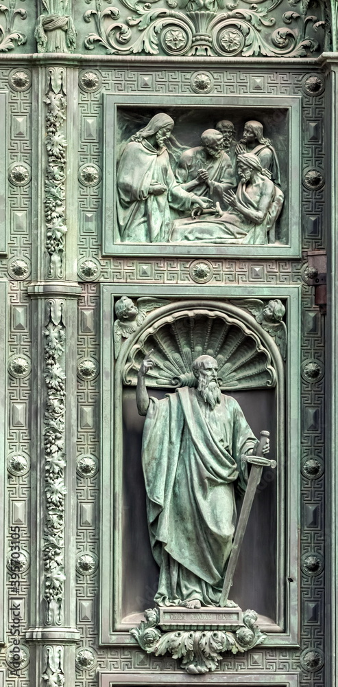 Figures on the facade of St. Isaac's Cathedral in St. Petersburg Russia