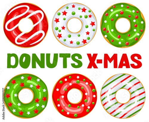 Christmas donuts set. Green, white, red donuts are decorated with sweet festive stars and balloons. Cartoon Christmas sweets. X-mas donuts - hand lettering. Vector illustration isolated on white.