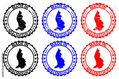 Made in Lichtenstein - rubber stamp - vector, Lichtenstein map pattern - black, blue and red