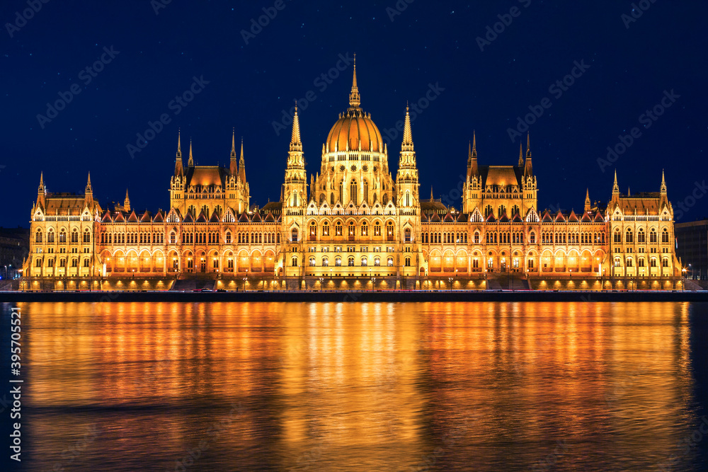 Hungarian Parliament Building built in the Gothic Revival style in Budapest