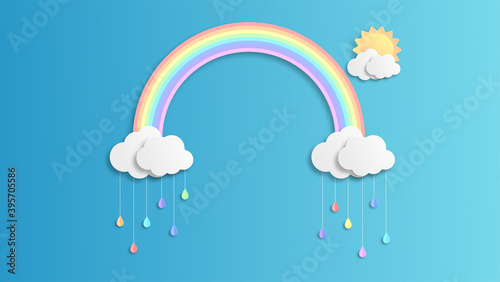 Abstract Rainbow in the rainy season. Paper art design for clouds, sun and rainbow. paper cut and craft design. vector, illustration.