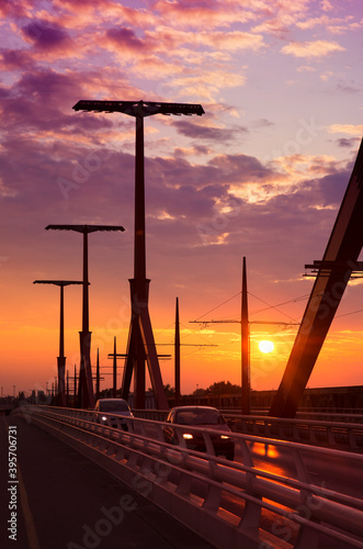 Photography Detail of Lagymanyosi or Rakoczi bridge at sunrise in Budapest, Hungary