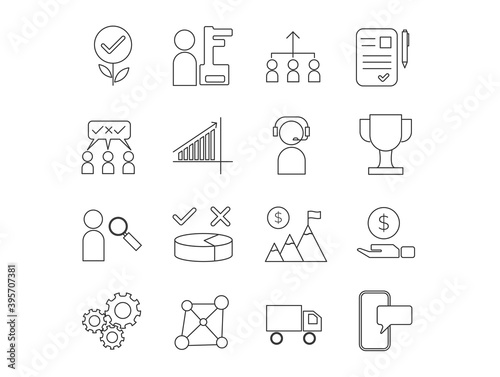 Business and Corporate Grooming Icon Set Vector Templates indicating idea, investment, recruitment, support, achievement, advertizing and others. Line Style Icon Package