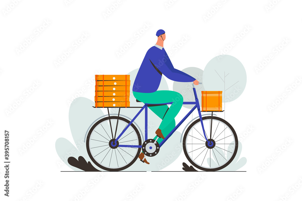 Pizza delivery man by bycicle. Online Food delivery service to customer at home concept. Flat vector illustration Pizza delivery man by bycicle. Online Food delivery service to customer at home concept. Flat vector illustration