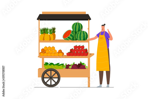 Fruit stall with seller character concept. Street markets cart sell fresh fruits. Local farmer small business Flat vector illustration