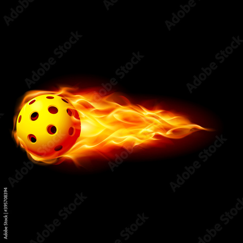 Flying Yellow Florball-Ball in Burning Flames on the Black Background. Professional Sports Equipment and Object. Conceptual 3D illustration for Logo the Team and the Cup