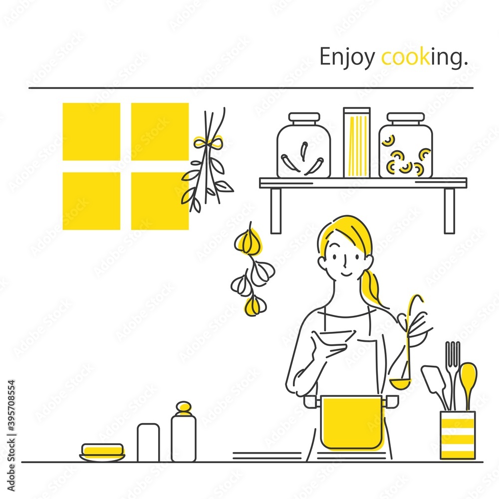 シンプルでお洒落な手描きの線画イラスト 料理をする女性 黄色 グレー ２色 Stock Vector Adobe Stock