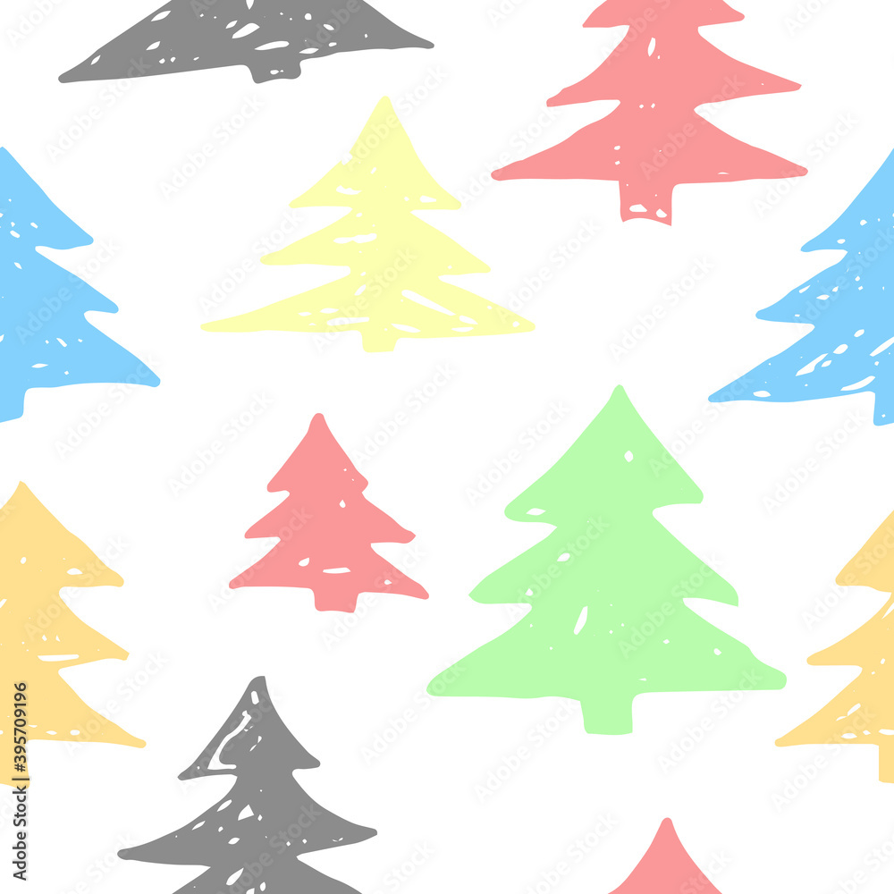 Obraz premium Seamless vector hand draw pattern, New year Christmas tree multicolored