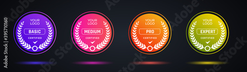 Certified badge logo design for company training badge. Certificates to determine based on criteria. Set bundle certify colorful modern vector illustration.