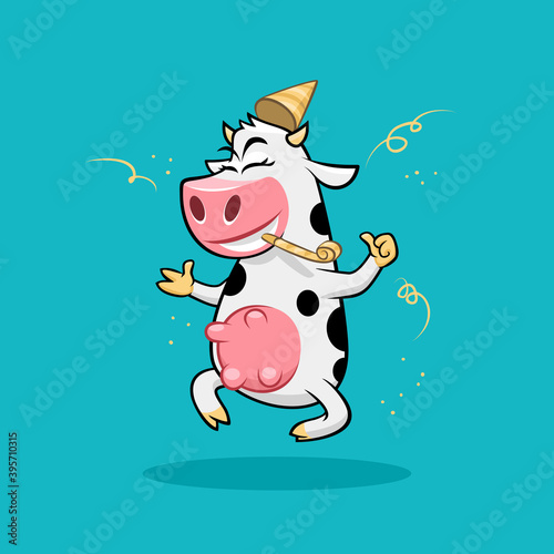 Celebrating funny jumping cow thumb up vector illustration