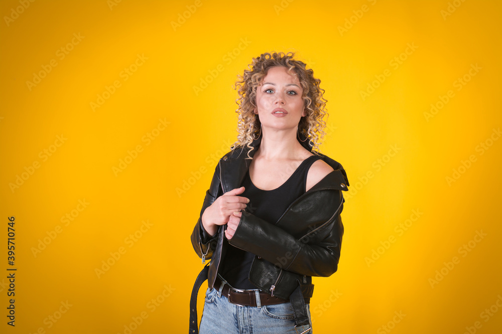 stylish hipster girl on yellow background stylish hipster girl on yellow background