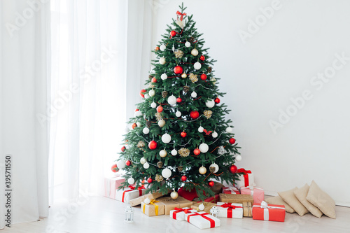 Christmas tree pine with gifts new year interior decor