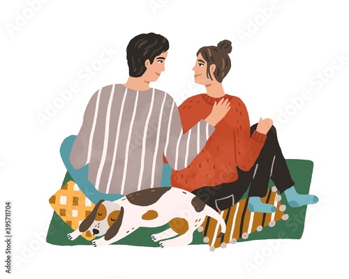 Young couple hugging and sitting on carpet. Happy man and woman spending winter leisure time together with pet at home. Hand drawn flat vector illustration isolated on white background