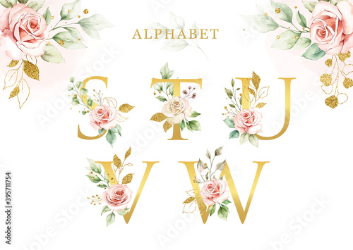 Watercolor floral alphabet set with golden leaves photo