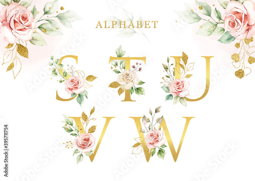 Watercolor floral alphabet set with golden leaves