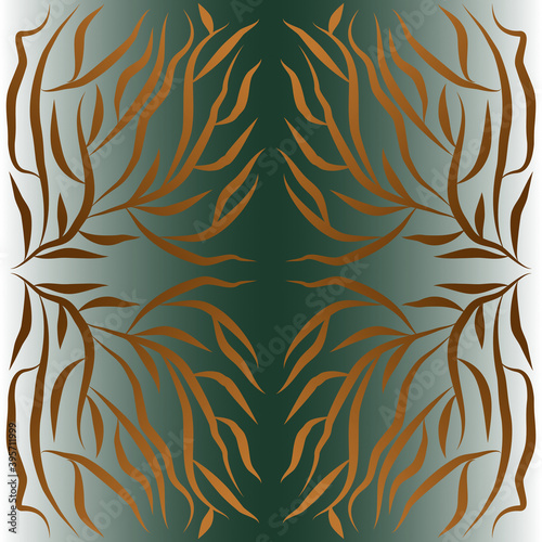 Seamless pattern of many abstract leaves on a dark background for textile.