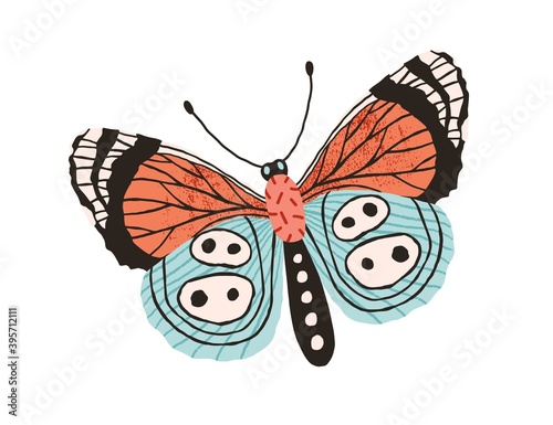 Pretty butterfly with colorful wings and antennae isolated on white background. Beautiful flying moth. Gorgeous summer insect. Flat textured vector illustration