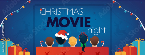 Christmas Movie Night Facebook Cover, Kids TV party. Children, Gifts, sofa, screen, reindeer on blue background. Vector Illustration, web site flyer, invitation template