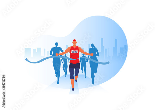 People running with clothes on marathon race, athletics event, sports group jogging, city background design vector