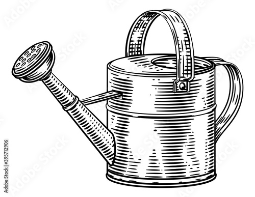Garden tool gardening watering can woodcut engraved vintage style illustration